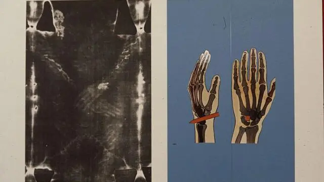 رسم توضيحي يُظهر تفاصيل اليدين المثقوبتين بالمسامير، خلال معرض أُقيم في تورينو، إيطاليا، عام 1978.