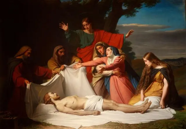 لوحة لتكفين المسيح وتظهر طعنة الحربة على جسده بكنيسة سان روش في باريس