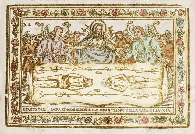 نسخة ملونة من نقش في أواخر القرن السادس عشر "للكفن المقدس" في تورينو حوالي 1578 ميلادياً